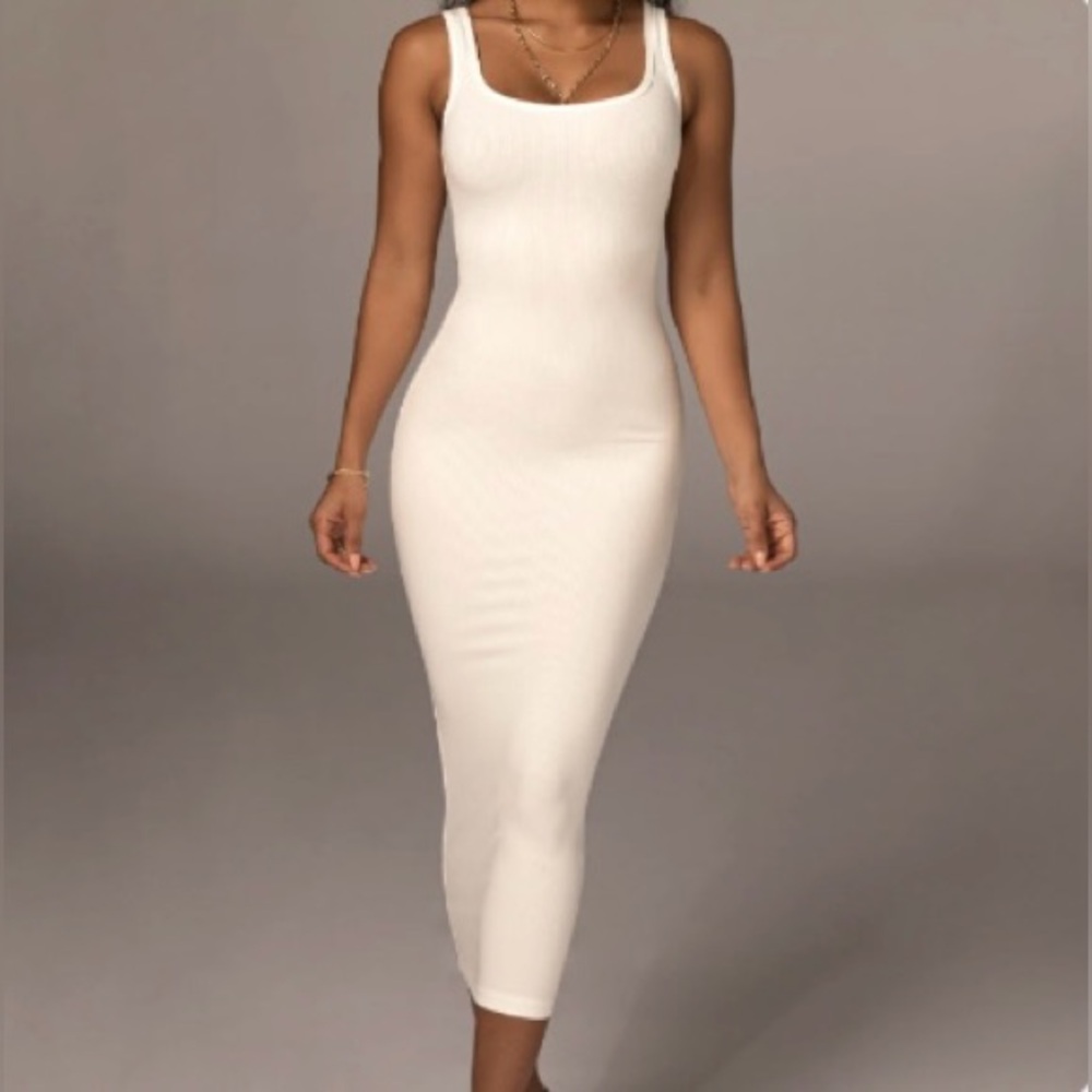 JLUXLABEL Cream Ribbed Bodycon Midi Dress